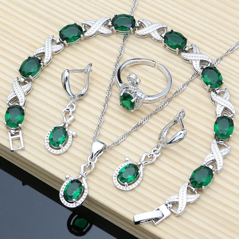 Women Fashion Party Silver 925 Jewelry Sets Red Garnet White Toapz Brithstone Long Earrings Bracelet Open Ring Necklace Sets