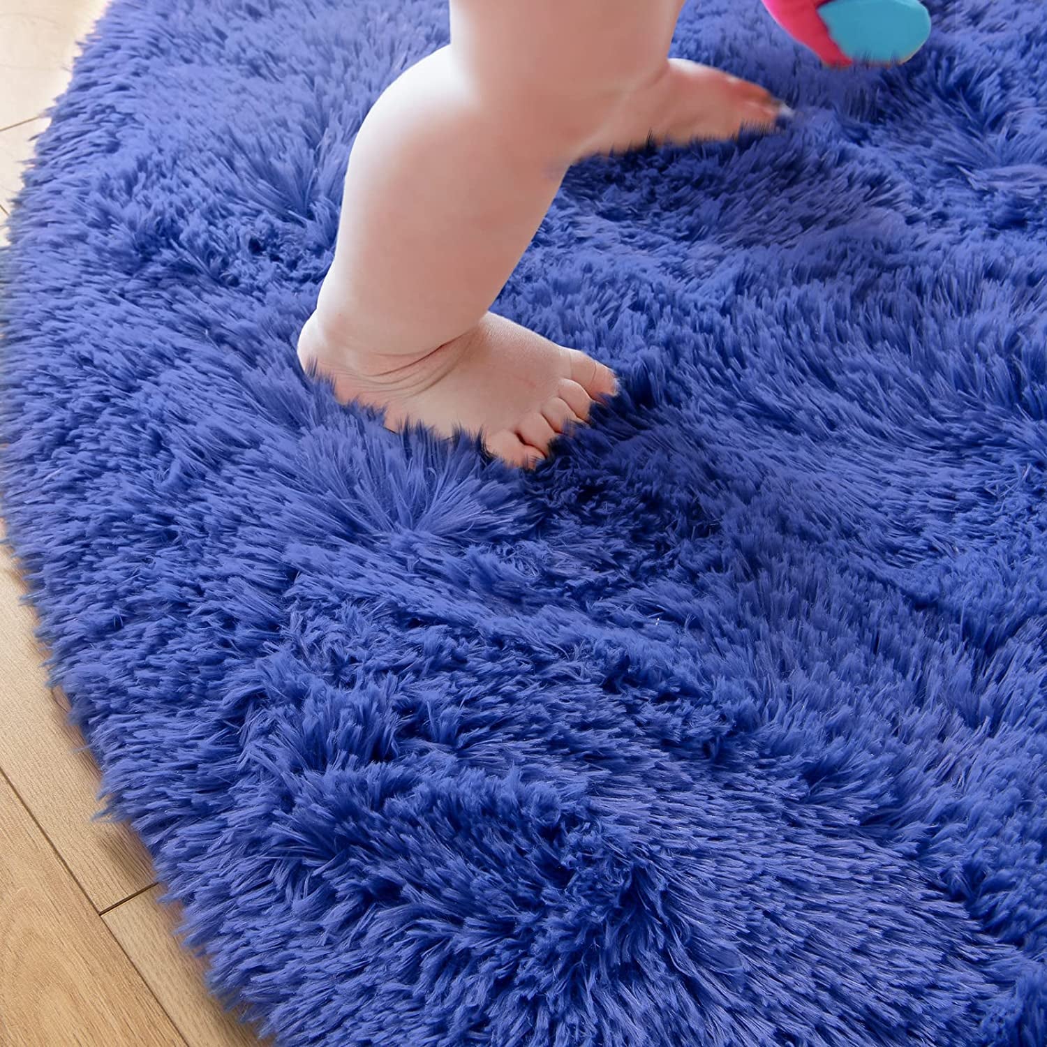 round Rug 5X5 Feet Fluffy Soft Area Rugs for Kids Girls Room Princess Castle Plush Shaggy Carpet Cute Circle Nursery Rug for Kids Girls Bedroom Baby Room Home Decor Circular Carpet, Light Navy