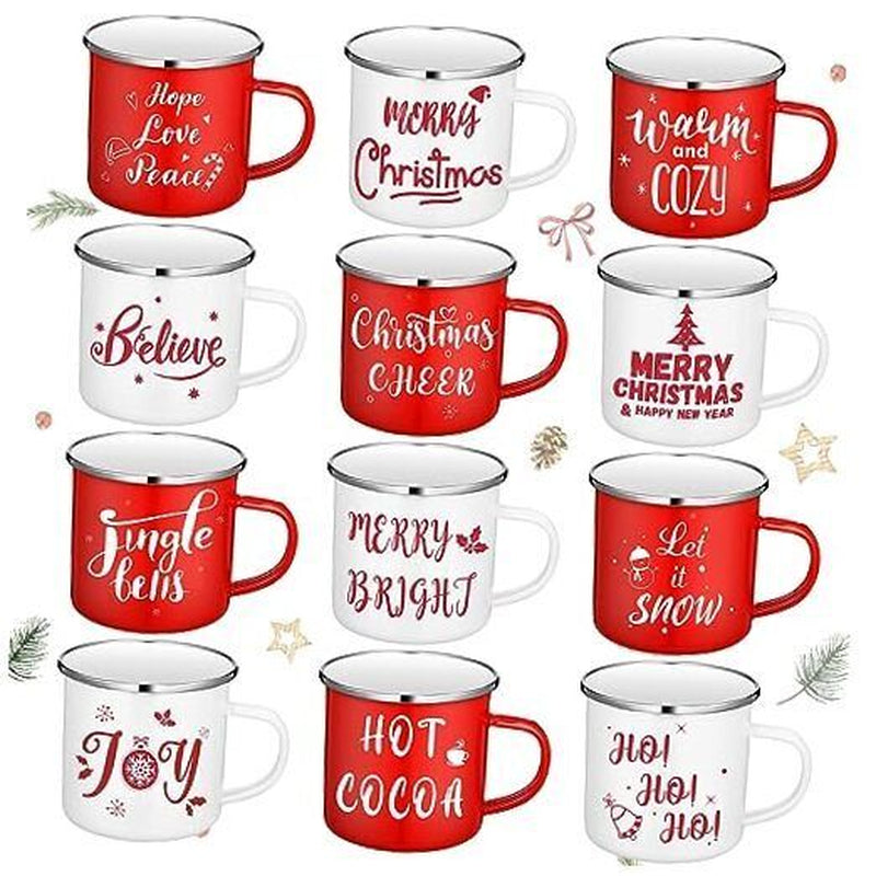 12 Pcs Christmas Enamel Winter Holiday Coffee Mugs with Quotes 12 Oz Seasonal