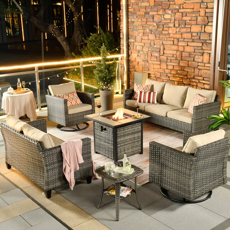 Lovall Rattan Wicker 7 - Person Seating Group with Fire Pit and Cushions