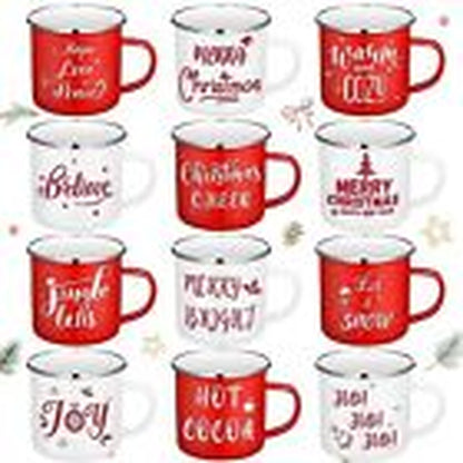 12 Pcs Christmas Enamel Winter Holiday Coffee Mugs with Quotes 12 Oz Seasonal