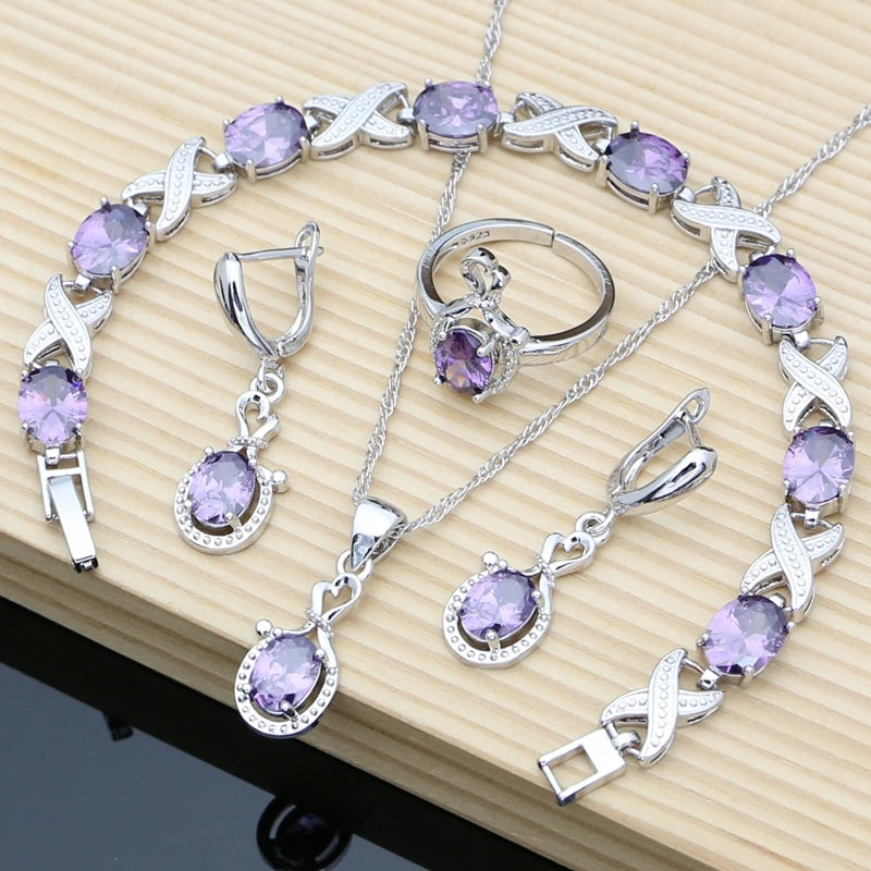 Women Fashion Party Silver 925 Jewelry Sets Red Garnet White Toapz Brithstone Long Earrings Bracelet Open Ring Necklace Sets