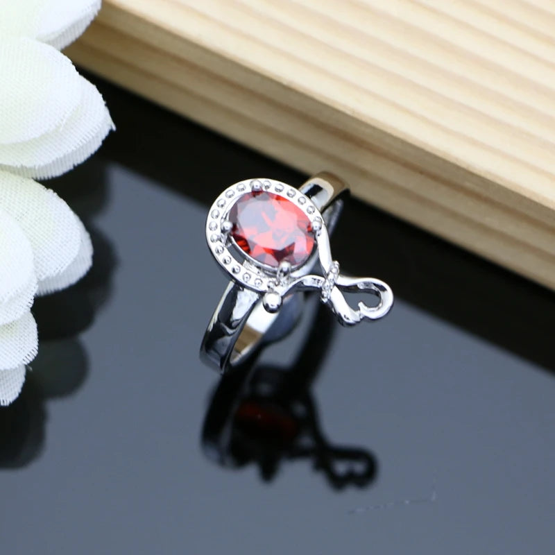 Women Fashion Party Silver 925 Jewelry Sets Red Garnet White Toapz Brithstone Long Earrings Bracelet Open Ring Necklace Sets