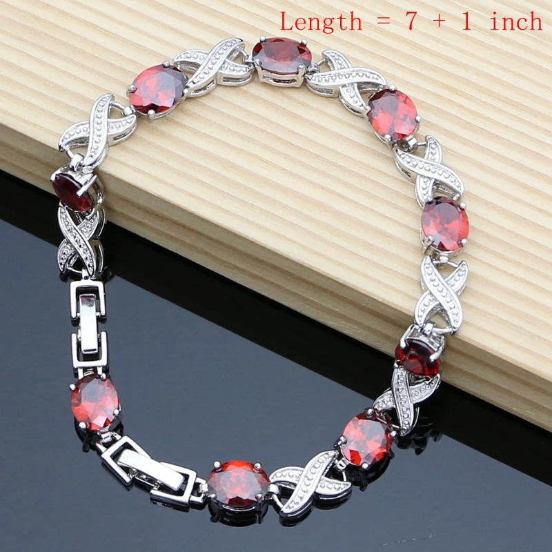 Women Fashion Party Silver 925 Jewelry Sets Red Garnet White Toapz Brithstone Long Earrings Bracelet Open Ring Necklace Sets