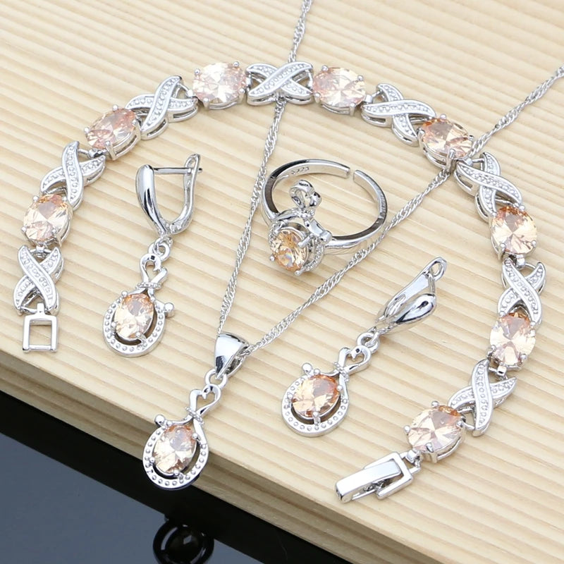 Women Fashion Party Silver 925 Jewelry Sets Red Garnet White Toapz Brithstone Long Earrings Bracelet Open Ring Necklace Sets