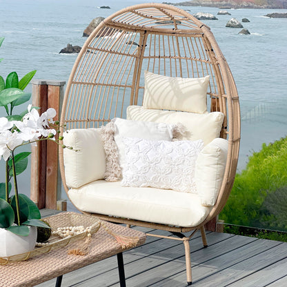 Wicker Egg Chair Outdoor Indoor Oversized Lounger with Stand and Cushions Egg Basket Chair for Patio Backyard Porch - Beige