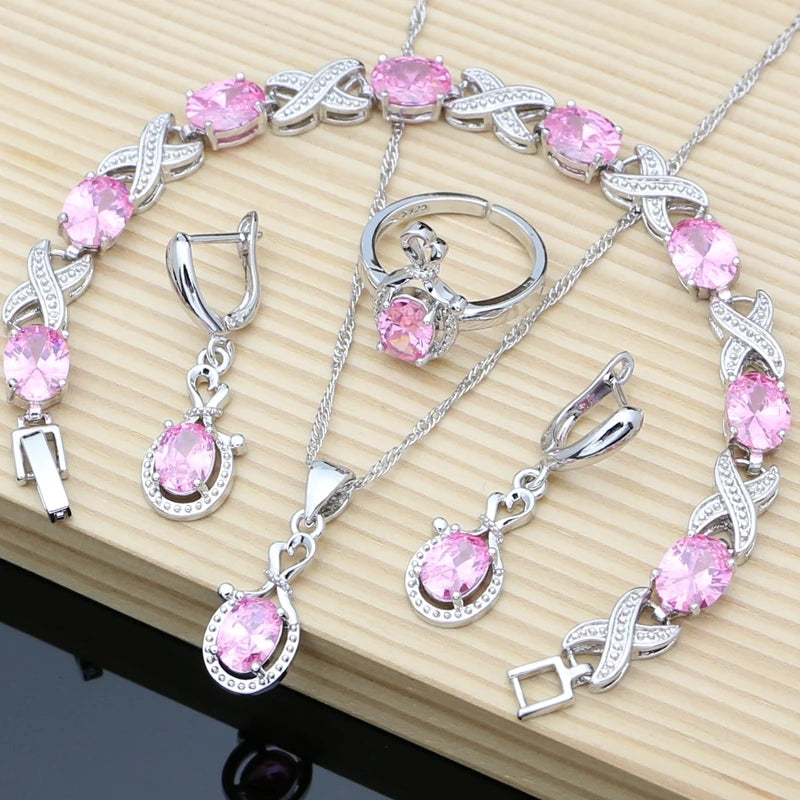 Women Fashion Party Silver 925 Jewelry Sets Red Garnet White Toapz Brithstone Long Earrings Bracelet Open Ring Necklace Sets