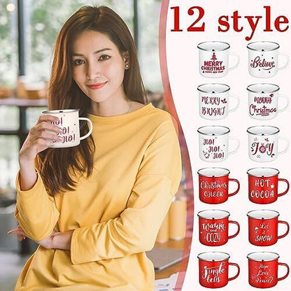 12 Pcs Christmas Enamel Winter Holiday Coffee Mugs with Quotes 12 Oz Seasonal