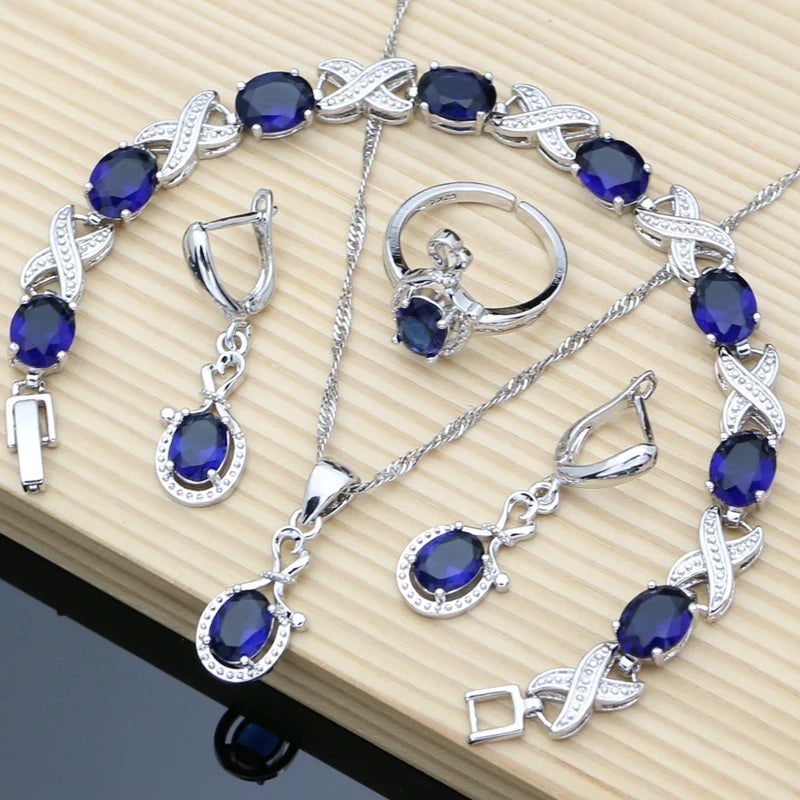 Women Fashion Party Silver 925 Jewelry Sets Red Garnet White Toapz Brithstone Long Earrings Bracelet Open Ring Necklace Sets