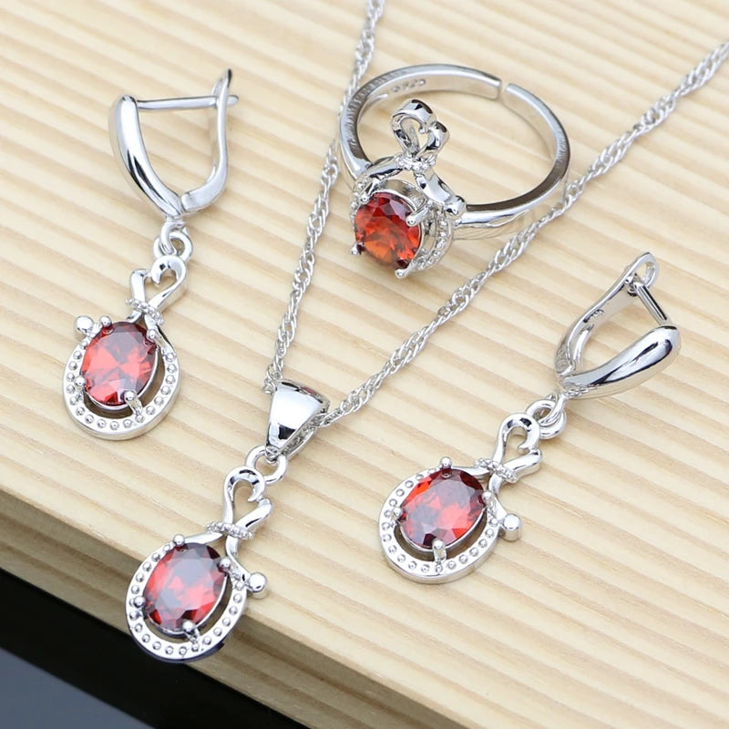 Women Fashion Party Silver 925 Jewelry Sets Red Garnet White Toapz Brithstone Long Earrings Bracelet Open Ring Necklace Sets