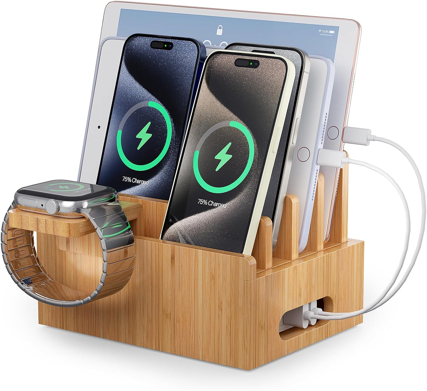 Bamboo Charging Station for Multi-Device with 4 Slots, Charging Dock Stand Compatible with Cellphone, Tablet, Watch (Include 6 Charger Cables, Watch Stand, NO USB Charger)