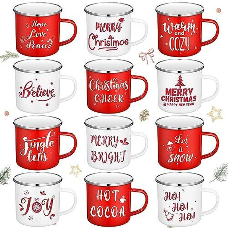 12 Pcs Christmas Enamel Winter Holiday Coffee Mugs with Quotes 12 Oz Seasonal