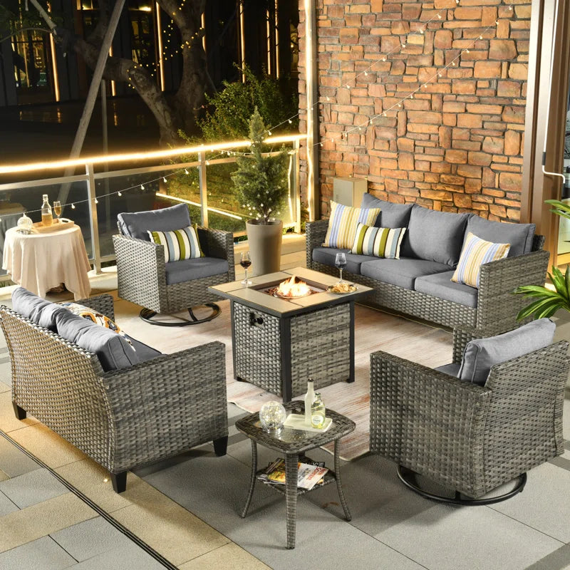 Lovall Rattan Wicker 7 - Person Seating Group with Fire Pit and Cushions