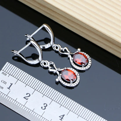 Women Fashion Party Silver 925 Jewelry Sets Red Garnet White Toapz Brithstone Long Earrings Bracelet Open Ring Necklace Sets